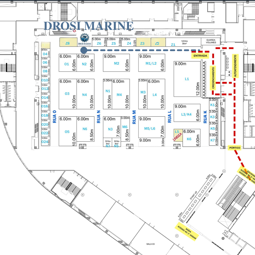 Mapa do 2º Piso - Rota até o Estande Z7 da Drosi Marine